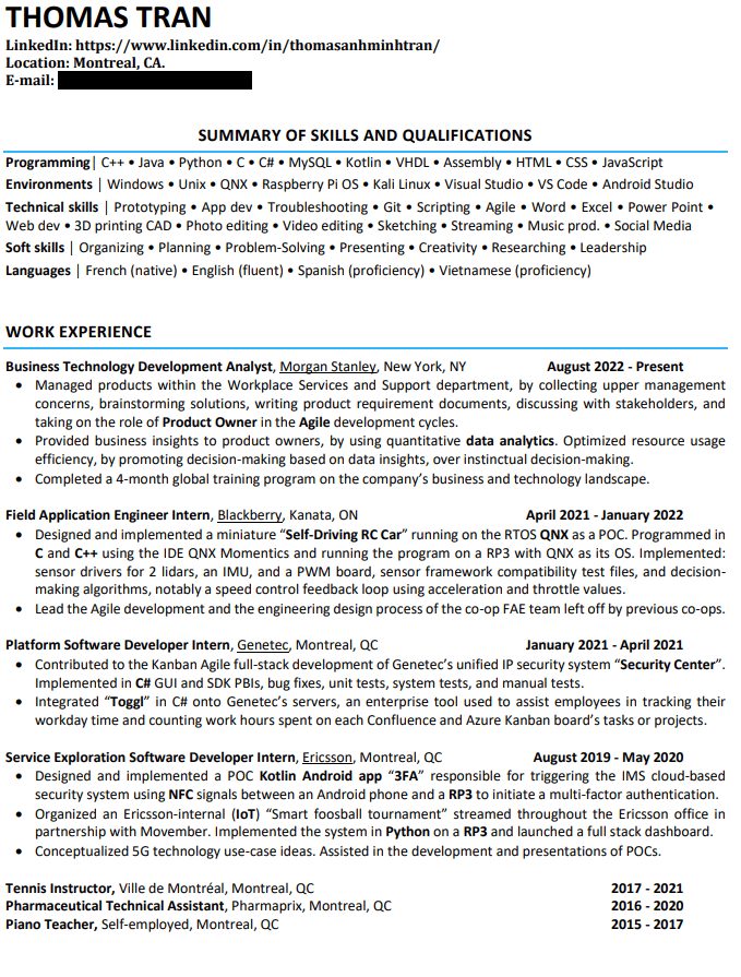 Thomas Tran's resume, page 1